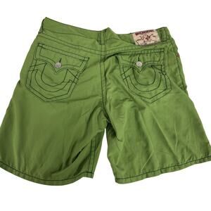 True Religion Board Shorts Mens 40 Green Big T Ricky Thick Stitch Swimwear